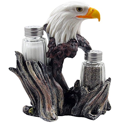 Bald Eagle Glass Salt & Pepper Shakers with Decorative Figurine Display Stand Set for American Patriotic Bar and Kitchen Decor Sculptures or Rustic Lodge Restaurant Tabletop Decorations and Wildlife Bird Gifts