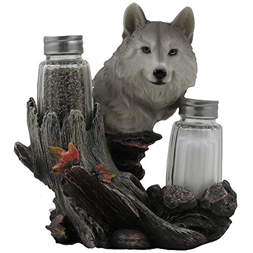Decorative Gray Wolf Glass Salt and Pepper Shaker Set with Holder Figurine for Cabin and Rustic Lodge Restaurant Bar or Kitchen Table Decor, Wildlife Animal Collectibles & Wolves Sculptures As Gifts for Timberwolves or Wolfpack Fans