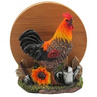 Decorative Farm Rooster Bamboo Drink Coaster Set with Holder Sculpture for Rustic Country Bar & Kitchen Decor Farm Animal Figurines As Chicken Beverage Display Stand Gifts for Farmers