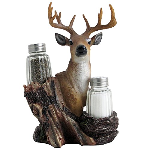 Rustic Deer Glass Salt and Pepper Shaker Set with Decorative Big Buck Holder in Kitchen Spice Racks, Cabin and Hunting Lodge Decor and Gifts for Hunters