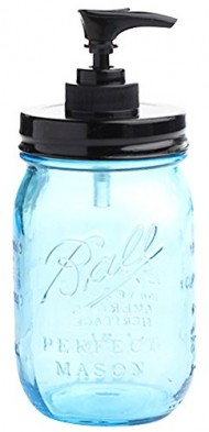 Vintage Blue 100th Anniversary Ball Pint Mason Jar with Black Lid and Black Soap Pump