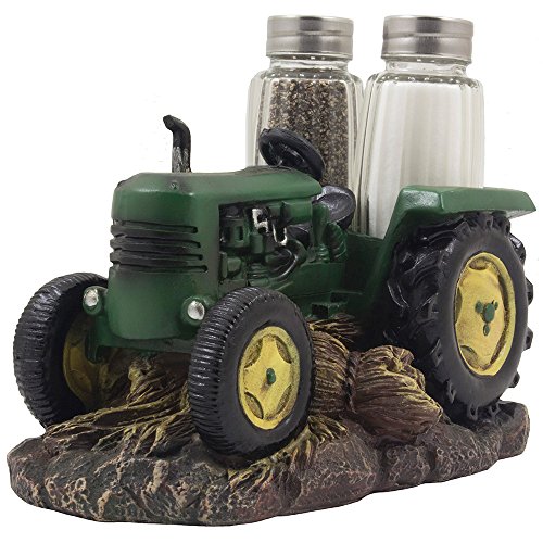 Vintage Farm Tractor Salt and Pepper Shaker Set with Decorative Display Stand Holder Figurine for Rustic Country Kitchen Decor & Old Fashioned Table Decorations As Retro Model Gifts for Farmers