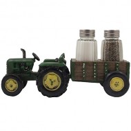 Vintage Country Farm Tractor and Wagon Glass Salt and Pepper Shaker Set with Holder in Retro Restaurant or Rustic Kitchen Decor and Decorative Gifts for Farmers