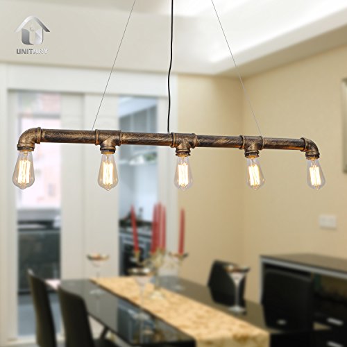 UNITARY BRAND Vintage Metal Water Pipe Pendant Light Max 200W With 5 Lights Black with Copper Finish