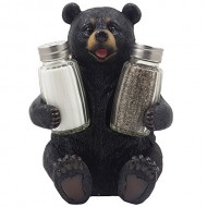 Decorative Black Bear Glass Salt and Pepper Shaker Set with Display Stand Holder Figurine Sculpture for Rustic Lodge and Cabin Kitchen Table Decor Centerpieces & Spice Rack Decorations or Teddy Bear Gifts