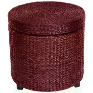 Oriental Furniture Great Unique Asian Design End Table, 17-Inch Woven Water Hyacinth Rattan Style Round Lidded Foot Stool Basket, Red Brown
