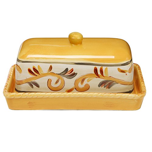 Tuscan Rustic Style Yellow Floral Pattern Rectangular Ceramic Butter Serving Dish Plate w/ Lid