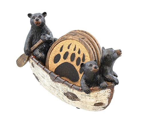 3 Black Bears Canoeing Coaster Set – 4 Coasters Rustic Cabin Canoe Cub Decor
