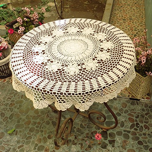 Ustide Rustic Cotton Table Cloth Round Handmade Crochet Tablecloths Beige Table Covers Round Crochet Table Decoration for Weddings Designer Table Cloth for Coffee Table 31inches