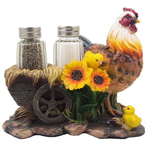 Mother Hen and Chicks Glass Salt and Pepper Shaker Set with Decorative Sunflowers & Old Fashioned Hay Wagon Accents for Rustic Country Kitchen Decor Figurines or Display Stands Featuring Farm Animals, Roosters or Chickens As Gifts for Farmers