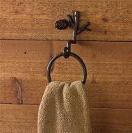 Pine Lodge Brown Iron Branch Pinecone Ring Hook Towel Holder Country Primitive Wall Décor