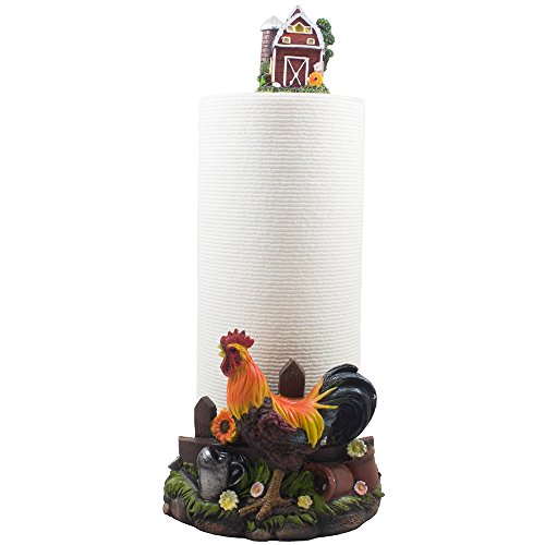 Decorative Farm Rooster Paper Towel Holder With Barn In