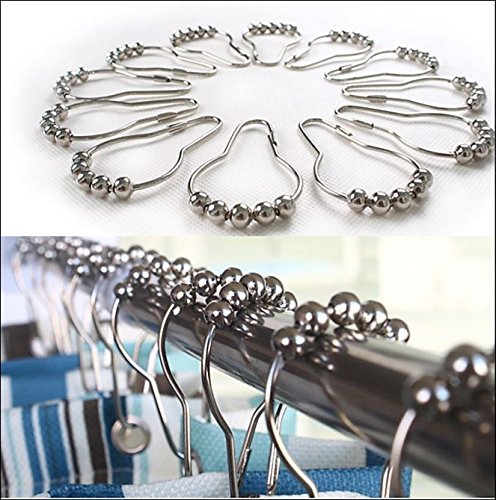 Shower Curtain Hooks and Rings, Silver Chrome Metal Heavy Duty, Fancy Decorative Bathroom Unique Rustic Design, Roller Ball Style in Stainless Steel
