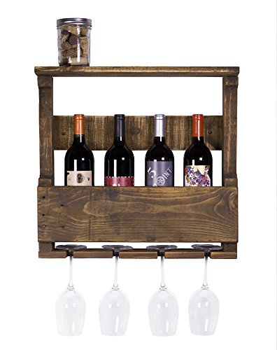 DAKODA LOVE – The Original Wine Rack, Rustic Handmade Reclaimed Wood, Wall Mounted, 4 Bottle 4 Long Stem Glass Holder & Shelf