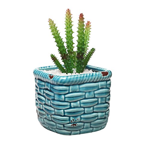 Turquoise Rustic Ceramic Basket Woven Pottery Style Succulent Planter Holder