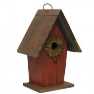Tall Red Wood and Metal Birdhouse with Rustic Sunflower
