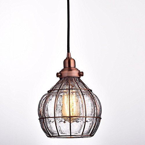 YOBO Lighting Vintage Cracked Glass & Rustic Wire Ceiling Pendant Light, Red Antique Copper