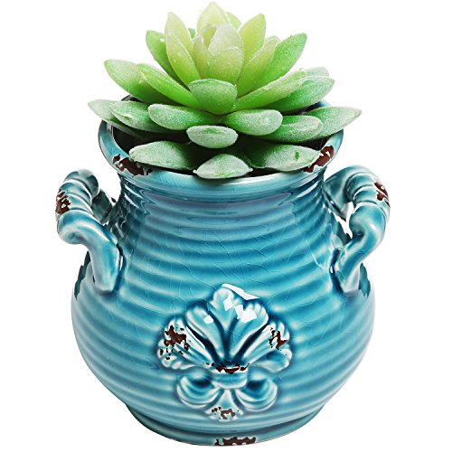 Small Blue Rustic French Fleur-de-Lis Design Ceramic Plant Flower Planter Pot / Desktop Pencil Holder