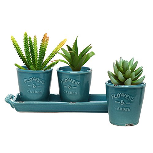MyGift® Set of 3 Country Rustic Turquoise Ceramic Succulent Planters / Flower Pots & Handled Display Tray