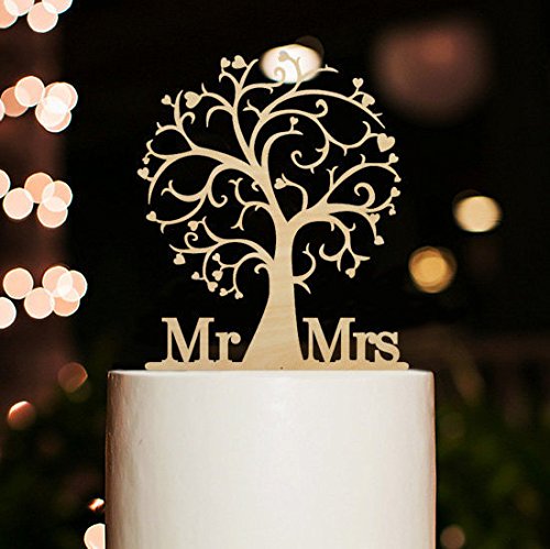 Mr and Mrs Cake Topper Wood Cherry Blossom Tree Rustic Wedding Cake Topper