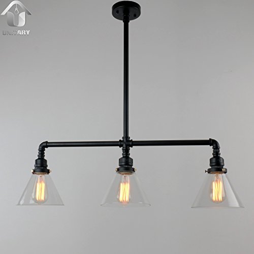 UNITARY BRAND Black Antique Rustic Glass Shade Hanging Ceiling Metal Pendant Light Max. 120W With 3 Lights Painted Finish