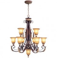 Livex Lighting 8579-63 Villa Verona 9 Light Two Tier (6+3) Verona Bronze Finish Flush Mount with Aged Gold Leaf Accents and Rustic Art Glass