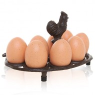 Country Rustic Rooster Design Brown Cast Iron 8 Egg Display Rack / Tabletop Egg Stand with Top Handle