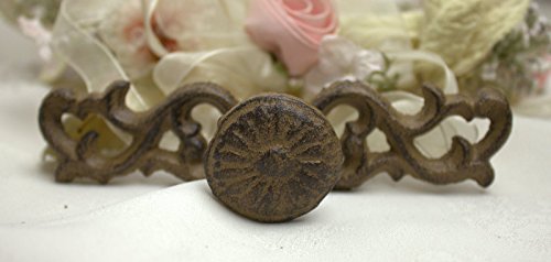 Cast Iron Drawer Handle Pull Fleur Scroll face plate Brown Knob 32