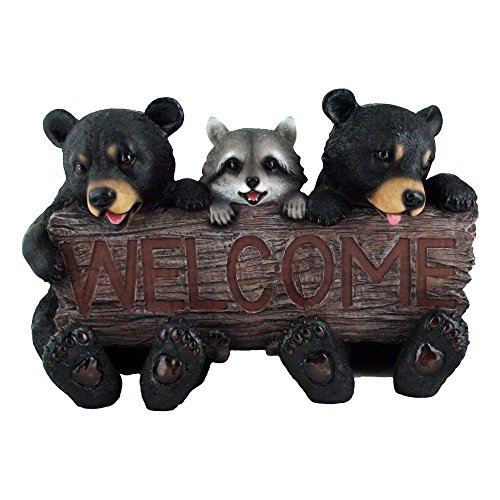 Rustic Bears and Raccoon Statue Holding an Outdoor Faux Wood Welcome Sign in Garden, Lodge and Cabin Decor Sculptures and Housewarming Gifts