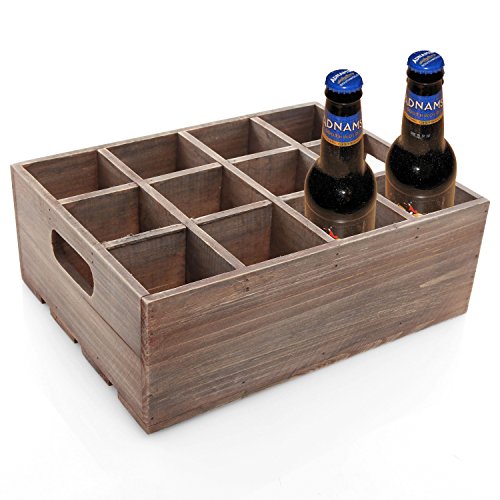 Vintage Finish Rustic Brown Wood 12 Slot Beer Bottle Serving Crate / Beer Storage Box w/ Carrying Handles