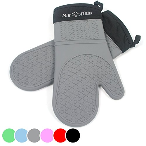 Grey Silicone Oven Mitts – 1 Pair of Extra Long Professional Heat Resistant Potholder Gloves – Oven Mitt Set of 2