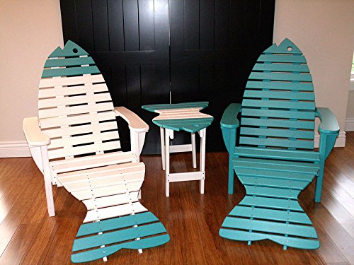 Poly Fish Adirondack Chair Pair Set with Ottomans and Side Table *12 Colors* – Aruba Blue – Amish Made in USA