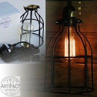 Industrial Vintage Style Curved Metal Wire Cage Pendant Ceiling Lamp Light Fixture Set with 15′ Toggle Switch Black Plug-in Cord and Edison Style Bulb
