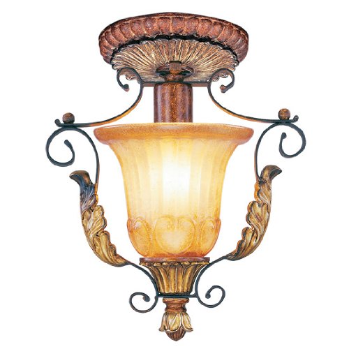 Livex Lighting 8578-63 Villa Verona 1 Light Verona Bronze Finish Flush Mount with Aged Gold Leaf Accents and Rustic Art Glass