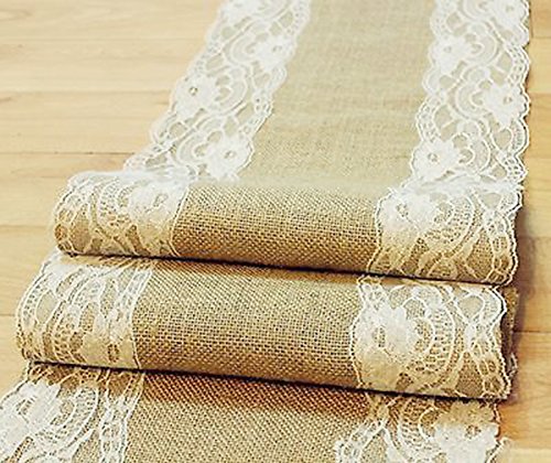 Natural Burlap Table Runner with Lace Wedding Decor Rustic Shabby Chic Hessian Jute Outdoor Party Between (Length: 94″)