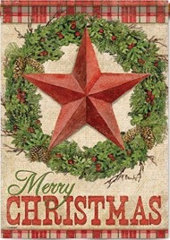 Carson – “Rustic Christmas” 28″X40″ Merry Christmas Wreath, Star House Flag